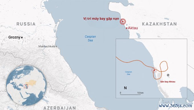 Vị trí máy bay rơi ở Aktau， Kazakhstan ngày 25/12. Đồ họa: AA